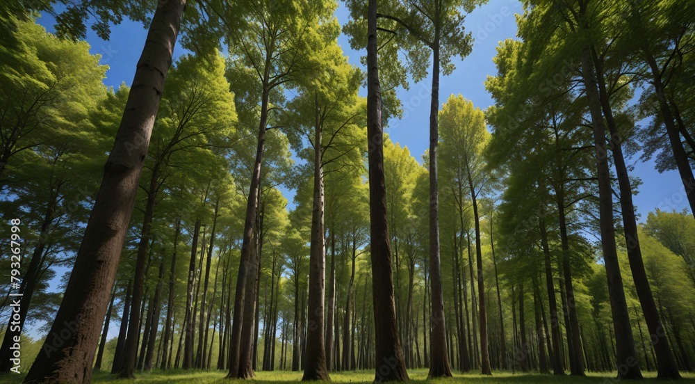 Fototapeta premium Lush green forest canopy with towering trees, low angle view of sunlit woodland, vibrant summer nature landscape under clear blue sky