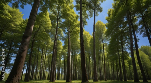 A line of tall trees standing in a row  with green leaves and a clear blue sky in the background.