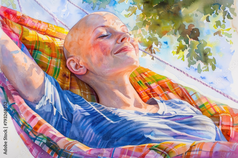 Fototapeta premium A painting depicting a man reclining in a hammock, relaxing outdoors