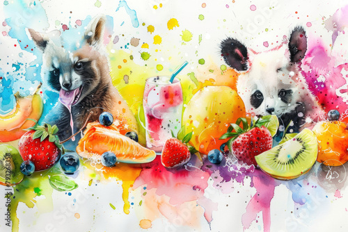A painting depicting two kangaroos surrounded by various fruits