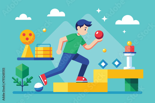 A man energetically runs up a staircase while holding an apple in his hand, playing game, Simple and minimalist flat Vector Illustration