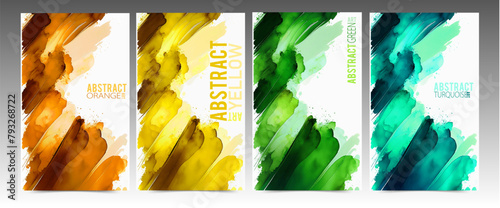 Watercolor modern cover set. Stains and overlapping brushstrokes of varnish and ink with blank space for text. Colorful artistic brochures, flyers, booklet, presentations, creative cards.