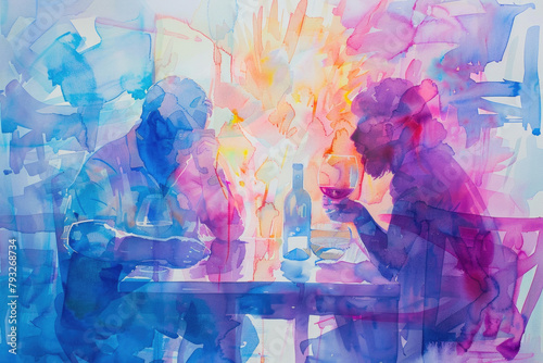 A painting showing two individuals seated at a table, engaged in conversation or dining together #793268734