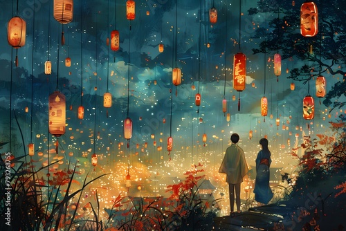 A painting of a city with lanterns hanging from the sky. Tanabata, The Star-Crossed Lovers' Festival