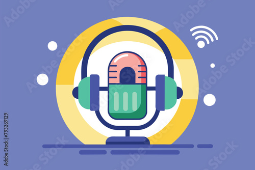 A microphone with headphones placed on top of it in a minimalist setting, Podcast element, Simple and minimalist flat Vector Illustration