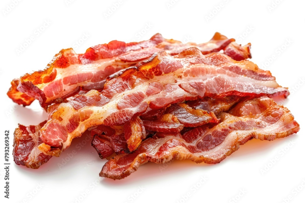 A pile of bacon on a white surface. Perfect for food concepts