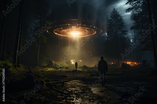 A lone figure stands facing a brightly lit unidentified flying object hovering above a forest clearing, with light beams shining down photo