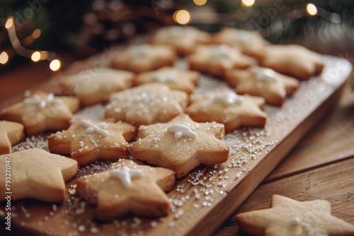 Freshly baked star shaped cookies on a rustic wooden cutting board. Perfect for food bloggers or bakery advertisements