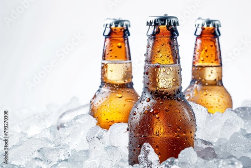 Bottles of beer in ice isolated on a white background, in a studio shot Generative AI