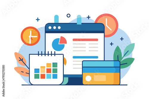 Laptop and Calculator Side by Side, Presentation with data, calendar and time, Simple and minimalist flat Vector Illustration