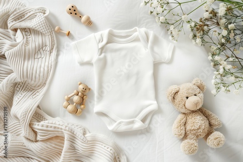 Gender neutral newborn bodysuit mockup with eco-friendly toys and teddy bear on pastel background