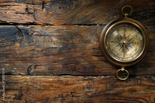 A compass hanging on a rustic wooden wall. Perfect for navigation or travel concepts