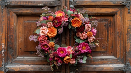  A detailed view of a floral wreath adorning the center of a building's front door, accompanied by blossoms on both the door's face and side