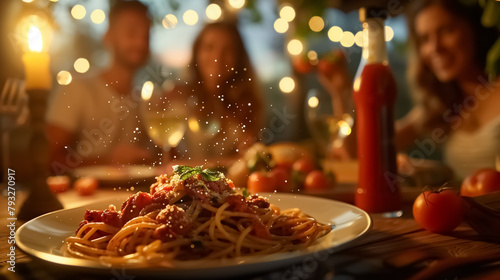 Illustration of happy friendly family eating dinner together, high detailed spaghetti, placeholder for a bottle of ketchup on the table photo