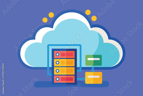 Blue background with a cloud and a yellow box in the center, problems with cloud storage, Simple and minimalist flat Vector Illustration