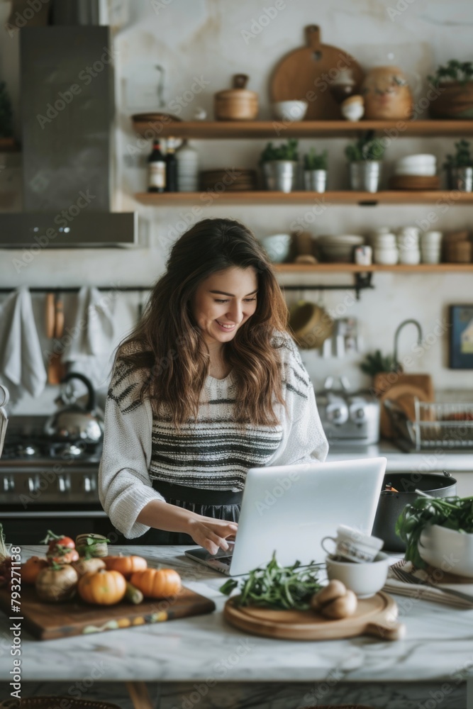 Woman using laptop in kitchen, ideal for work from home concept