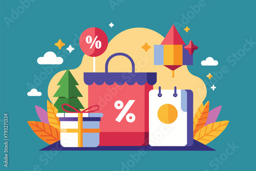 A shopping bag displaying a percentage sign emblem, indicating a discount or promotion, Product discount promotion advertisement, Simple and minimalist flat Vector Illustration
