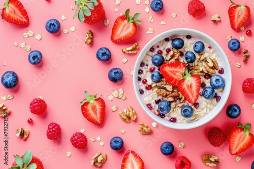 A bowl of oatmeal topped with fresh strawberries and blueberries. Perfect for breakfast or health food concepts
