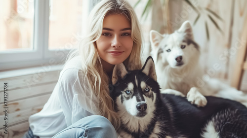A beautiful young woman with blonde hair in jeans and a white shirt is sitting on the floor. A black husky dog and white cat are lying next to her