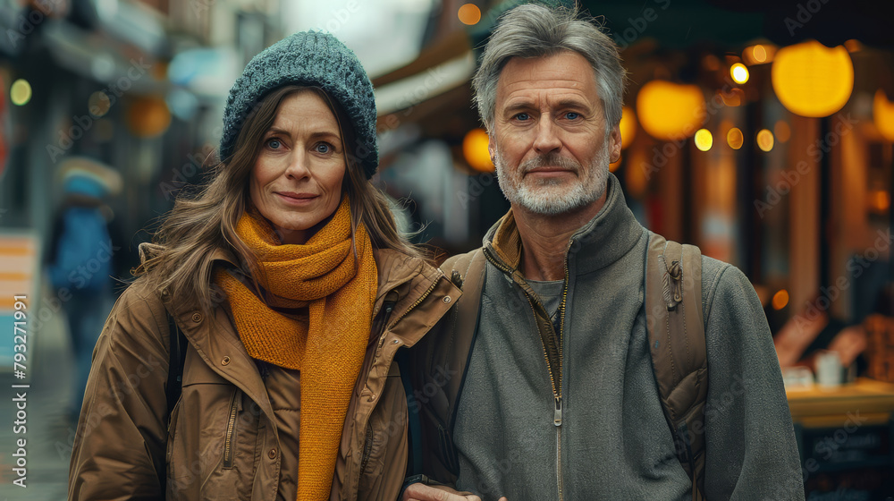 A man and a woman standing on a street, both wearing backpacks and warm clothes. The man has gray hair, and the woman is carrying a handbag. They appear to be in conversation with each other.