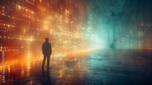 Image with futuristic lines and subtle lighting, man standing in the futuristic location