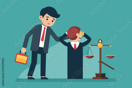 A man and a woman standing next to a scale, possibly discussing weight or health, Professional lawyer punishment concept vector graphic, Simple and minimalist flat Vector Illustration