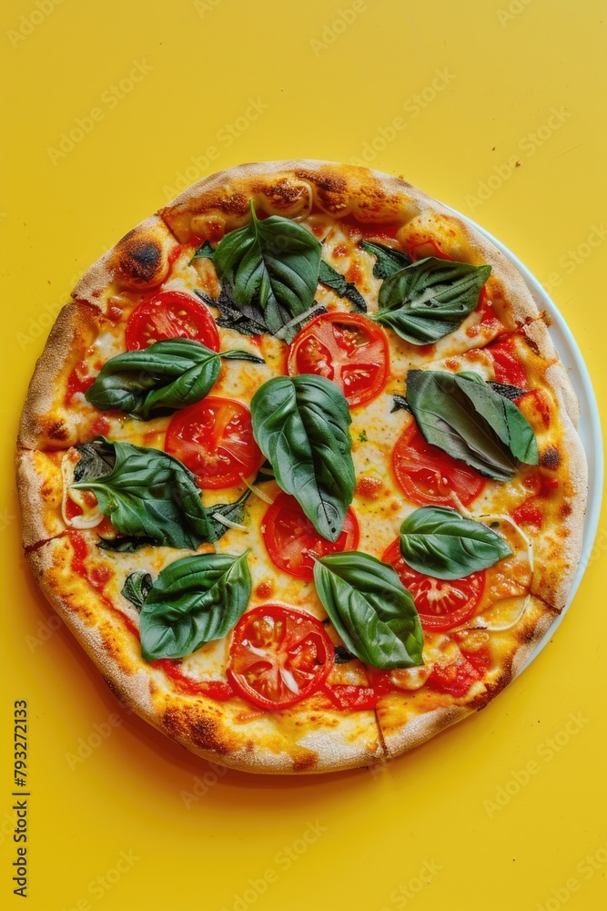 Fresh pizza with tomatoes and basil, perfect for food-related projects