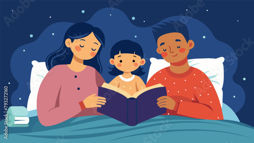 A sweet drawing of a parent reading aloud to their children before bedtime as they all cuddle under the covers and anticipate the upcoming book