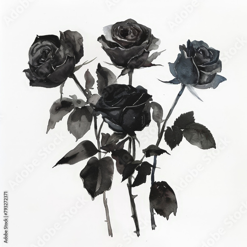 Three Black Roses on White Background