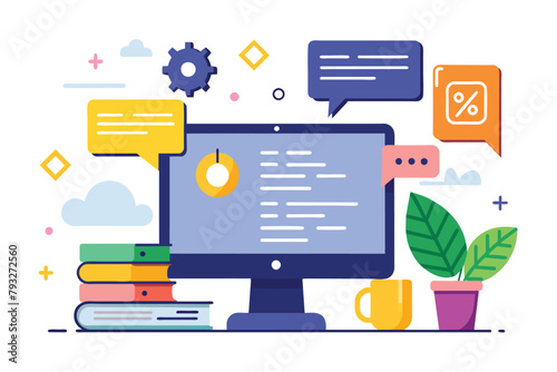 Computer screen displaying speech bubbles above it, representing communication or dialogue, Programming language improvements, script writing, Simple and minimalist flat Vector Illustration
