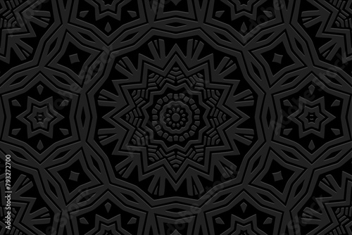 Embossed black background  ethnic cover design. Geometric ornamental vintage 3D pattern. Handmade tribal style. Original boho motifs of the East  Asia  India  Mexico  Aztec  Peru.