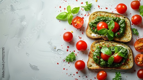  Two slices of bread topped with tomatoes, basil, and cheese White background features additional fresh tomatoes and basil leaves