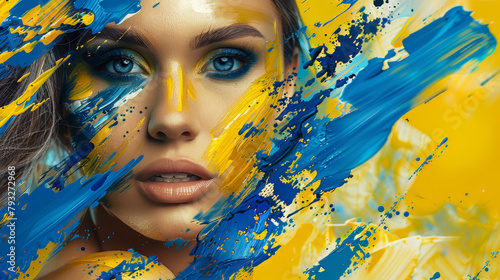 Vivid Portrait with Blue and Yellow Splatters photo