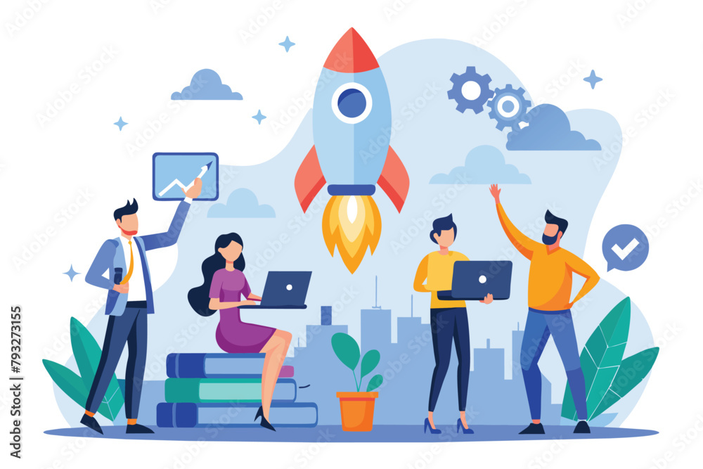 Group of People Standing Around Rocket, project development team to launch a new business, Simple and minimalist flat Vector Illustration Group of People Standing Around Rocket, project development team to launch a new business, Simple and minimalist flat Vector Illustration