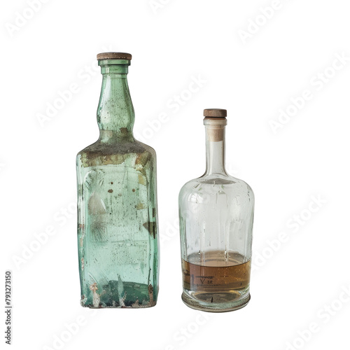 An old brandy bottle and a clear glass whiskey bottle both made of green glass stand alone showcased against a transparent background