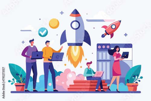 Group of People Standing in Front of Rocket Ship, project development team to launch a new business, Simple and minimalist flat Vector Illustration