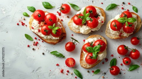  tomatoes atop bread, basil by its side