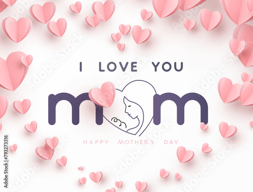 Mother's day postcard. Mum hugs baby continuous one line contour with paper flying hearts on white background. Vector pink symbols of love for mom greeting card design