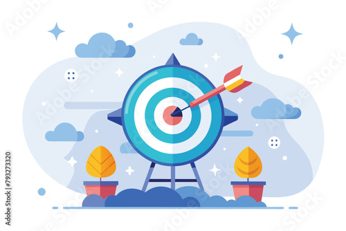 A dart accurately hitting the center of a target, achieving a perfect bullseye, Project launch target, Simple and minimalist flat Vector Illustration