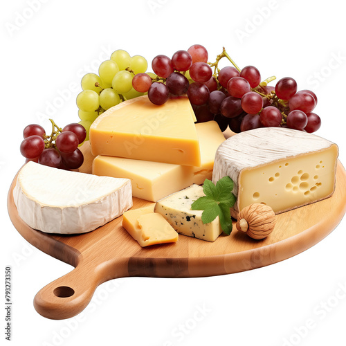 A delicious assortment of cheeses served on a wooden board with grapes on a white background