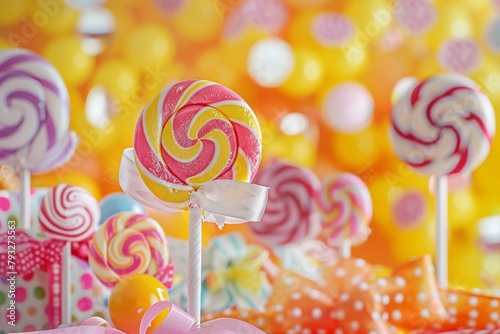 Colorful lollipops displayed on table, tempting dessert treat