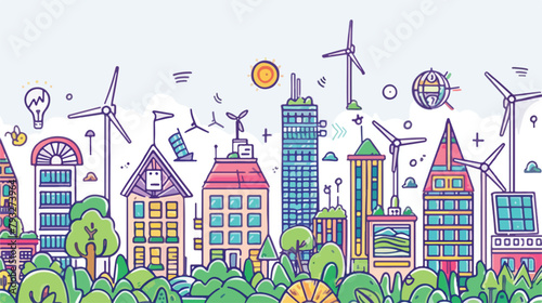 Vector horizontal line art illustration of eco city
