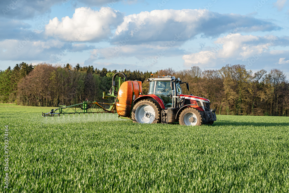 Obraz premium Getreideanbau - roter Traktor mit angebauter Feldspritze bei einer Pflanzenschutzmaßnahme im Getreidefeld.