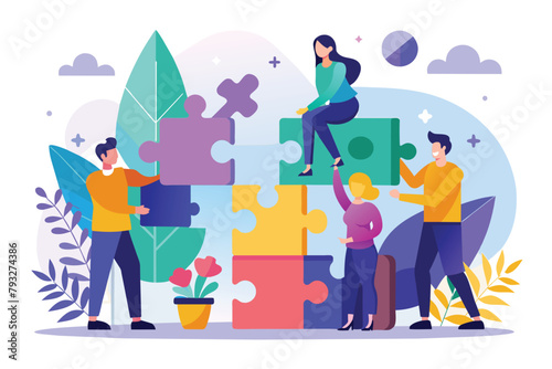 A team of individuals gathered around a puzzle piece, engaging in teamwork to solve the puzzle, putting together a jigsaw puzzle teamwork partnership, Simple and minimalist flat Vector Illustration