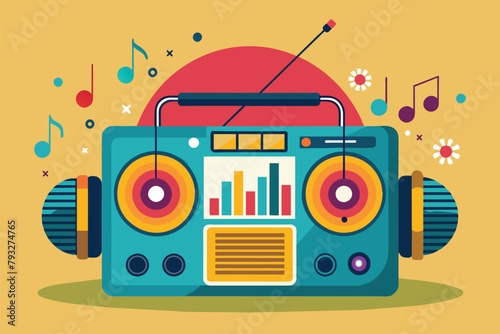 A radio with music notes flowing out of it in a simple and minimalist design, Radio is playing music, Simple and minimalist flat Vector Illustration