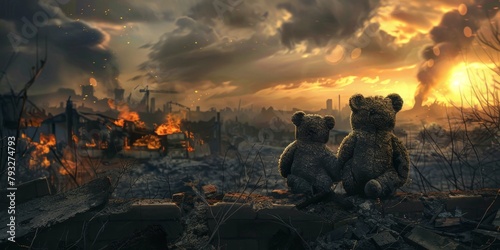 teddy bear against of a destroyed city Generative AI photo