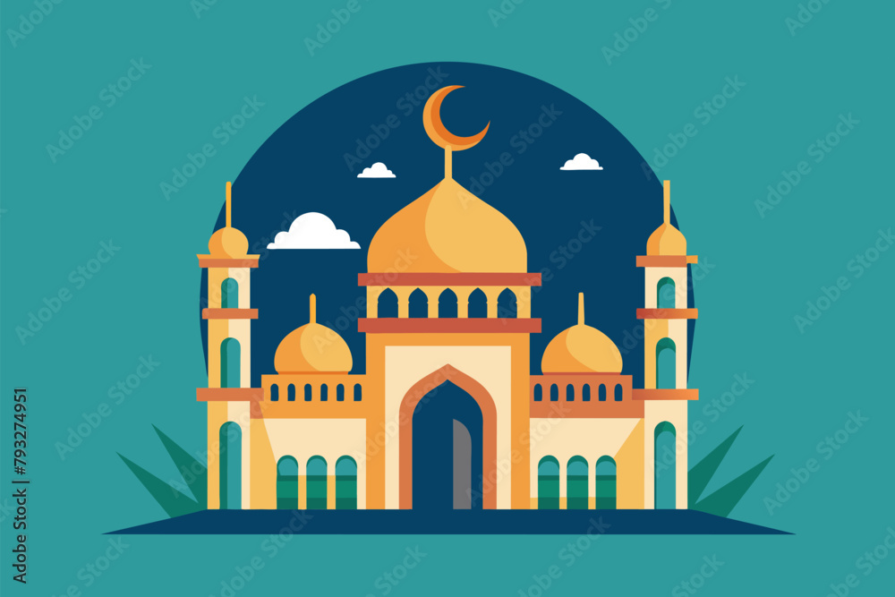 A mosque featuring a crescent on top, symbolic of Islamic faith and architecture, ramadhan, Simple and minimalist flat Vector Illustration