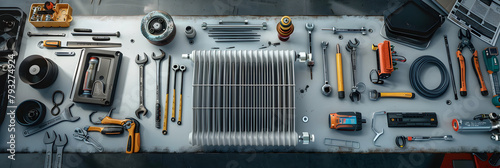 Overhead View of a Well-Equipped Workbench for Radiator Repairs