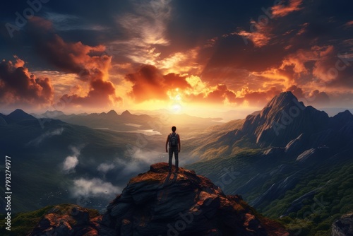 A man standing on top of a mountain as the sun sets. Goals and achievements concept photo composite. Concept vision, Hiker looking mountain and enjoying sunrise. High quality photo © AminaDesign