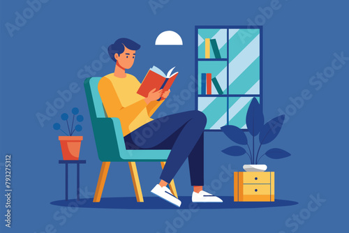 A man sits in a chair, focused on reading a book, Reading a book in a chair, Simple and minimalist flat Vector Illustration